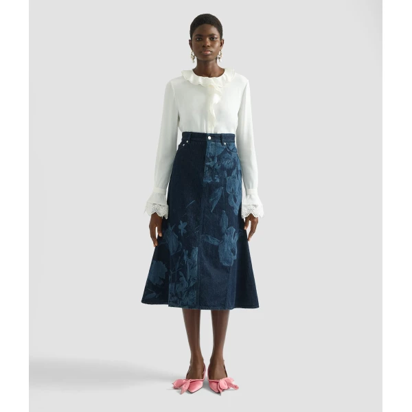 Erdem Printed Denim Flared Midi Skirt - Skirts - British Romantic Luxury at Luxury Shoes 