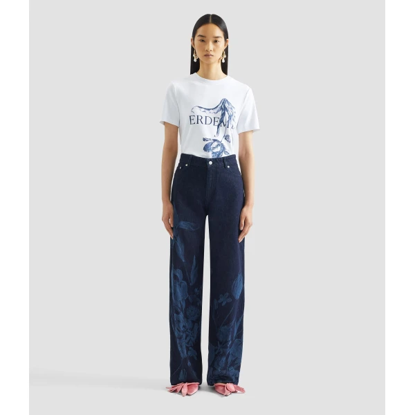 Erdem Printed Denim Straight Trouser - Pants - British Romantic Luxury at Luxury Shoes 