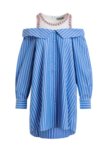 Essentiel Antwerp Blue And White Layered Shirt Dress With Embellished Tank Top - Essentiel Antwerp Dresses - Colorful Belgian Design - Shop at Luxury Shoes 