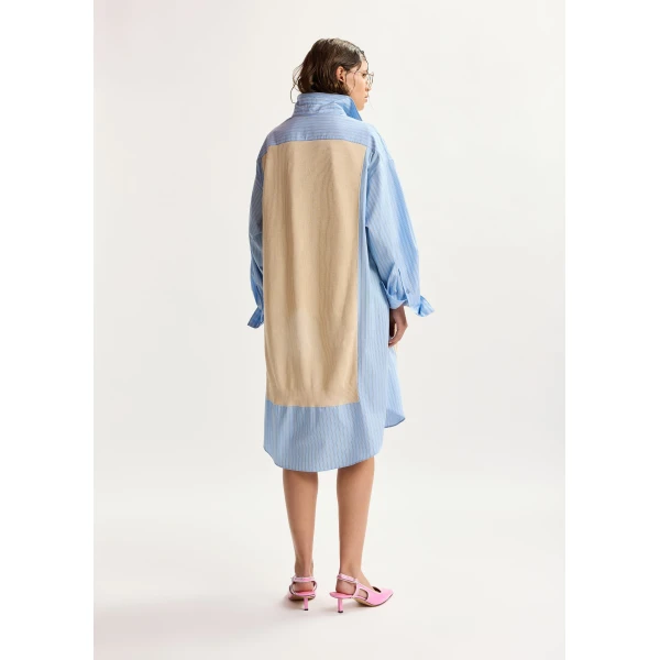 Essentiel Antwerp Cream And Light Blue Knit-Panel Oversized Shirt Dress - Essentiel Antwerp Dresses - Colorful Belgian Design - Shop at Luxury Shoes 