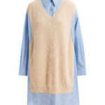 Essentiel Antwerp Cream And Light Blue Knit-Panel Oversized Shirt Dress - Essentiel Antwerp Dresses - Colorful Belgian Design - Shop at Luxury Shoes 