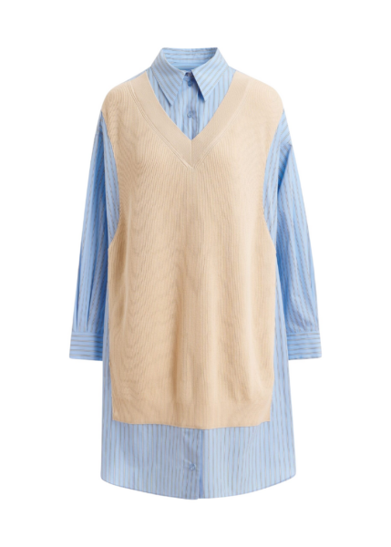 Essentiel Antwerp Cream And Light Blue Knit-Panel Oversized Shirt Dress - Essentiel Antwerp Dresses - Colorful Belgian Design - Shop at Luxury Shoes 