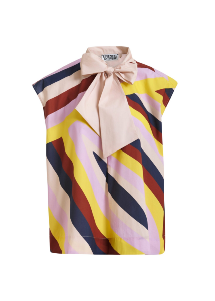 Essentiel Antwerp Cream And Multicolor Graphic Sleeveless Top With Tie Neckline - Essentiel Antwerp Tops - Colorful Belgian Design - Shop at Luxury Shoes 