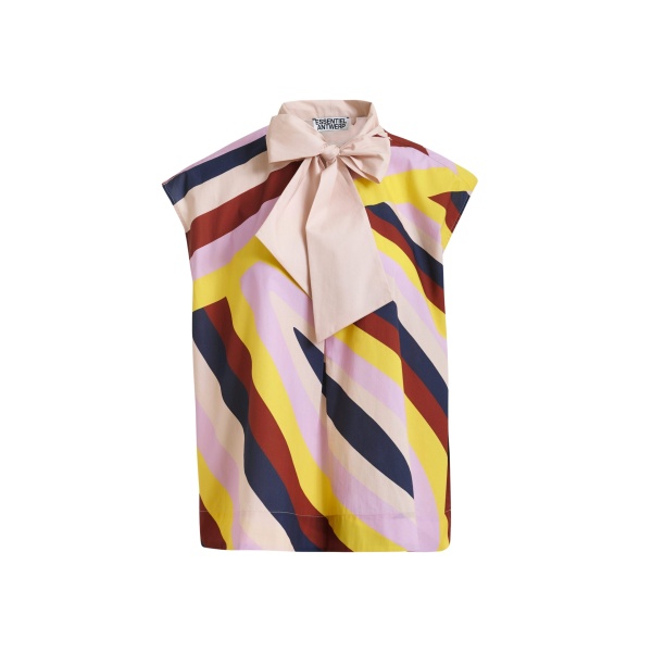 Essentiel Antwerp Cream And Multicolor Graphic Sleeveless Top With Tie Neckline - Essentiel Antwerp Tops - Colorful Belgian Design - Shop at Luxury Shoes 