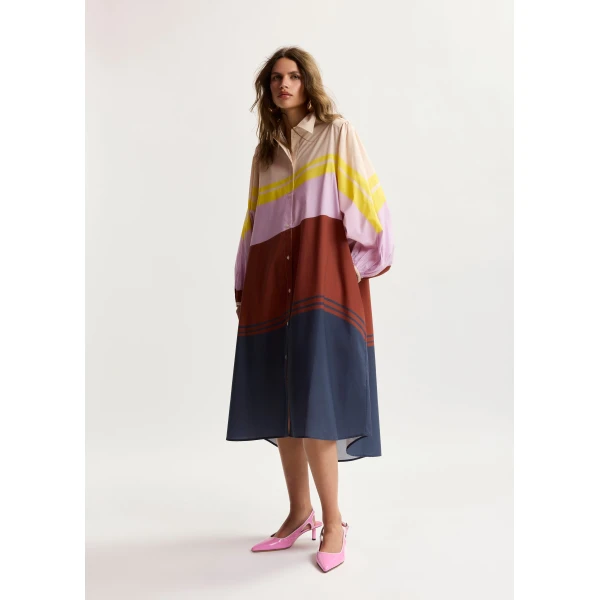 Essentiel Antwerp Cream And Multicolor Oversized Cotton Shirt Dress With Placed Stripe Print - Essentiel Antwerp Dresses - Colorful Belgian Design - Shop at Luxury Shoes 