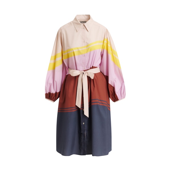 Essentiel Antwerp Cream And Multicolor Oversized Cotton Shirt Dress With Placed Stripe Print - Essentiel Antwerp Dresses - Colorful Belgian Design - Shop at Luxury Shoes 