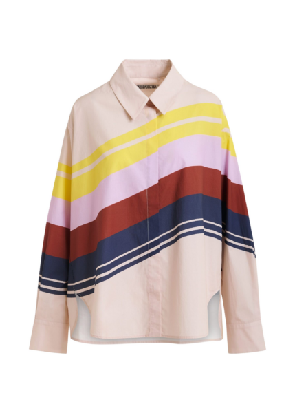 Essentiel Antwerp Cream And Multicolor Oversized Cotton Shirt With Placed Stripe Print - Essentiel Antwerp Tops - Colorful Belgian Design - Shop at Luxury Shoes 