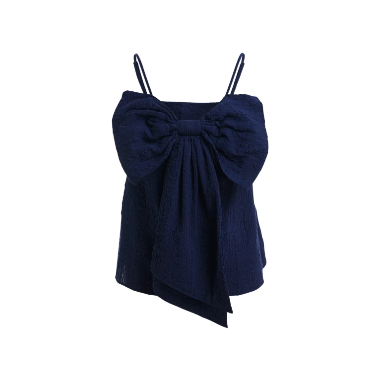 Essentiel Antwerp Dark Blue Cotton Top With Bow Detail - Essentiel Antwerp Tops - Colorful Belgian Design - Shop at Luxury Shoes 