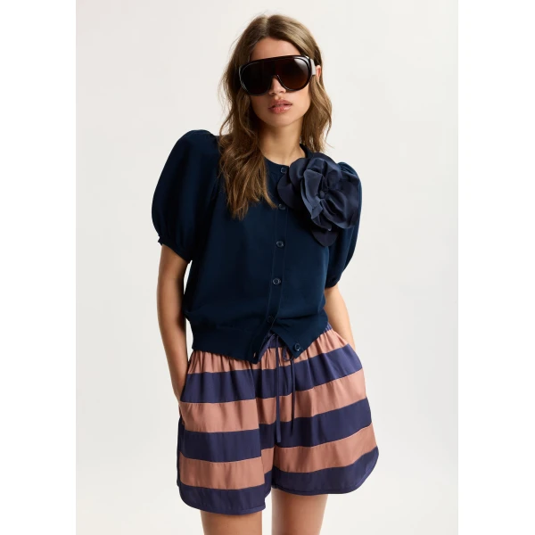 Essentiel Antwerp Dark Blue Fine Knit Cardigan With Oversized Flower Brooch - Essentiel Antwerp Knitwear - Colorful Belgian Design - Shop at Luxury Shoes 