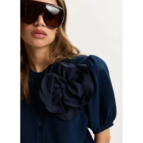 Essentiel Antwerp Dark Blue Fine Knit Cardigan With Oversized Flower Brooch - Essentiel Antwerp Knitwear - Colorful Belgian Design - Shop at Luxury Shoes 