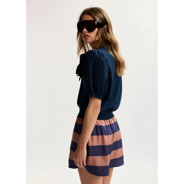 Essentiel Antwerp Dark Blue Fine Knit Cardigan With Oversized Flower Brooch - Essentiel Antwerp Knitwear - Colorful Belgian Design - Shop at Luxury Shoes 