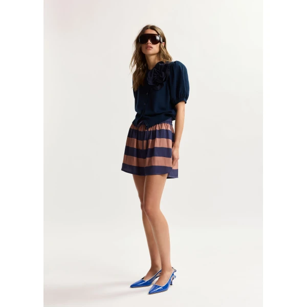 Essentiel Antwerp Dark Blue Fine Knit Cardigan With Oversized Flower Brooch - Essentiel Antwerp Knitwear - Colorful Belgian Design - Shop at Luxury Shoes 