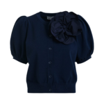 Essentiel Antwerp Dark Blue Fine Knit Cardigan With Oversized Flower Brooch - Essentiel Antwerp Knitwear - Colorful Belgian Design - Shop at Luxury Shoes 