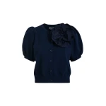 Essentiel Antwerp Dark Blue Fine Knit Cardigan With Oversized Flower Brooch
