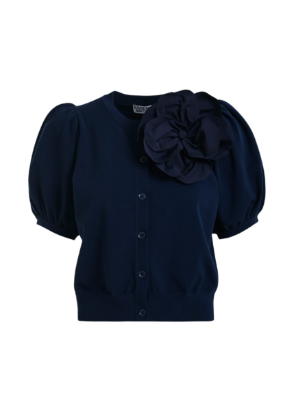 Essentiel Antwerp Dark Blue Fine Knit Cardigan With Oversized Flower Brooch - Essentiel Antwerp Knitwear - Colorful Belgian Design - Shop at Luxury Shoes 