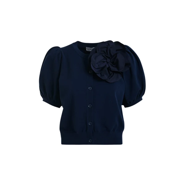 Essentiel Antwerp Dark Blue Fine Knit Cardigan With Oversized Flower Brooch - Essentiel Antwerp Knitwear - Colorful Belgian Design - Shop at Luxury Shoes 