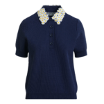 Essentiel Antwerp Dark Blue Fine Knit Polo Top With White And Yellow Floral Embellished Collar - Essentiel Antwerp Tops - Colorful Belgian Design - Shop at Luxury Shoes 