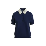 Essentiel Antwerp Dark Blue Fine Knit Polo Top With White And Yellow Floral Embellished Collar