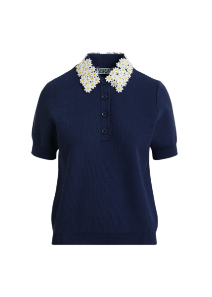 Essentiel Antwerp Dark Blue Fine Knit Polo Top With White And Yellow Floral Embellished Collar - Essentiel Antwerp Tops - Colorful Belgian Design - Shop at Luxury Shoes 