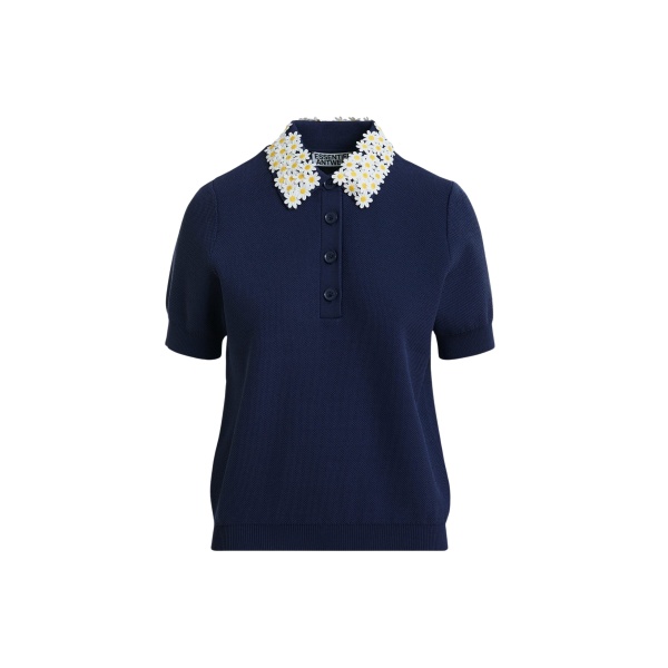 Essentiel Antwerp Dark Blue Fine Knit Polo Top With White And Yellow Floral Embellished Collar - Essentiel Antwerp Tops - Colorful Belgian Design - Shop at Luxury Shoes 