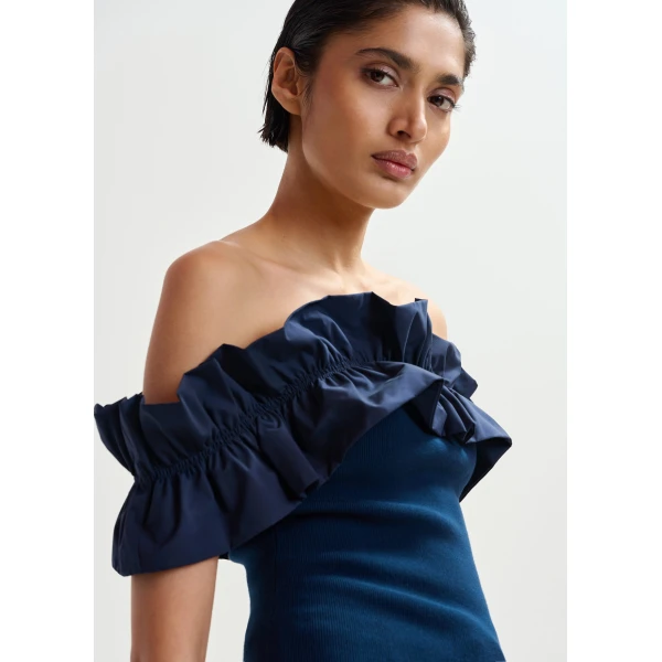 Essentiel Antwerp Dark Blue Off-Shoulder Knit Top With Ruffle Trim - Essentiel Antwerp Tops - Colorful Belgian Design - Shop at Luxury Shoes 