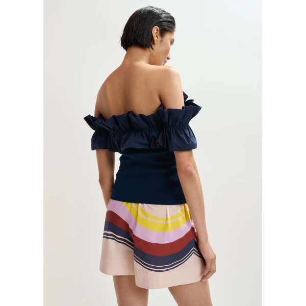 Essentiel Antwerp Dark Blue Off-Shoulder Knit Top With Ruffle Trim - Essentiel Antwerp Tops - Colorful Belgian Design - Shop at Luxury Shoes 