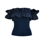 Essentiel Antwerp Dark Blue Off-Shoulder Knit Top With Ruffle Trim - Essentiel Antwerp Tops - Colorful Belgian Design - Shop at Luxury Shoes 