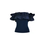 Essentiel Antwerp Dark Blue Off-Shoulder Knit Top With Ruffle Trim