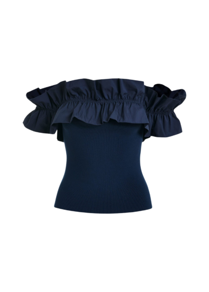 Essentiel Antwerp Dark Blue Off-Shoulder Knit Top With Ruffle Trim - Essentiel Antwerp Tops - Colorful Belgian Design - Shop at Luxury Shoes 