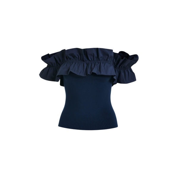Essentiel Antwerp Dark Blue Off-Shoulder Knit Top With Ruffle Trim - Essentiel Antwerp Tops - Colorful Belgian Design - Shop at Luxury Shoes 