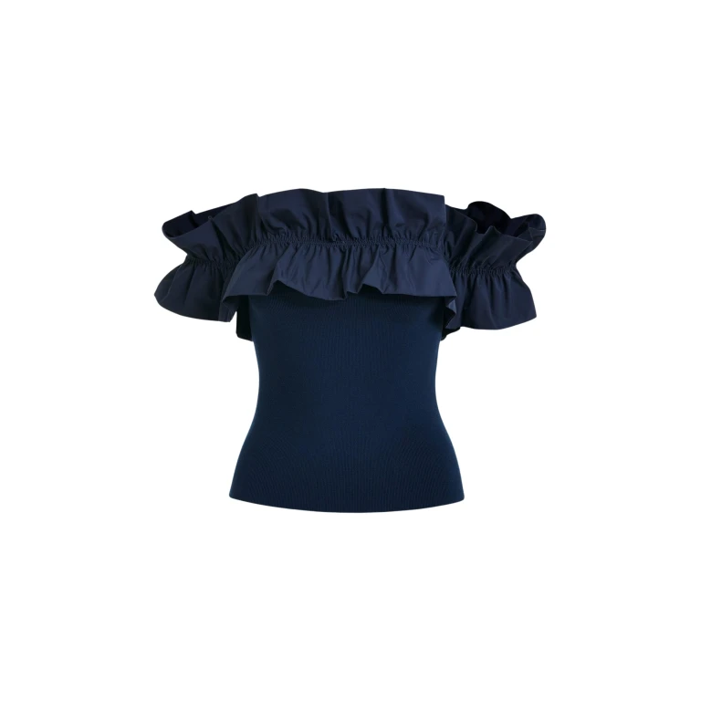 Essentiel Antwerp Dark Blue Off-Shoulder Knit Top With Ruffle Trim - Essentiel Antwerp Tops - Colorful Belgian Design - Shop at Luxury Shoes 
