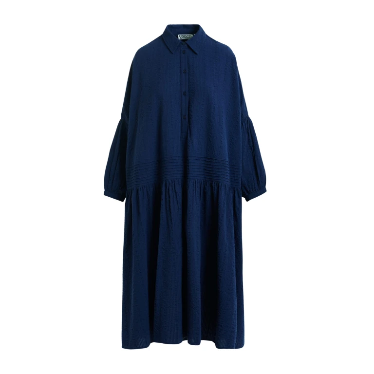 Essentiel Antwerp Dark Blue Shirt Dress With Pleated Waist - Essentiel Antwerp Dresses - Colorful Belgian Design - Shop at Luxury Shoes 
