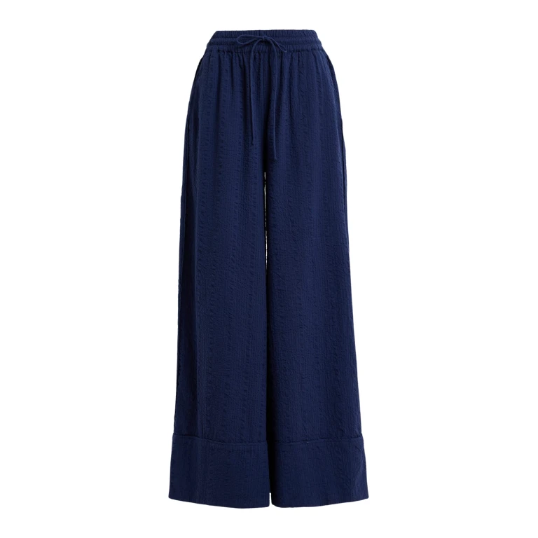 Essentiel Antwerp Dark Blue Wide-Leg Pants With Contrast Stitching - Essentiel Antwerp Pants - Colorful Belgian Design - Shop at Luxury Shoes 