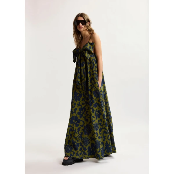 Essentiel Antwerp Green And Dark Blue Floral Print Babydoll Midi Dress With Bow Detail - Essentiel Antwerp Dresses - Colorful Belgian Design - Shop at Luxury Shoes 