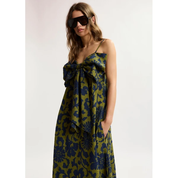 Essentiel Antwerp Green And Dark Blue Floral Print Babydoll Midi Dress With Bow Detail - Essentiel Antwerp Dresses - Colorful Belgian Design - Shop at Luxury Shoes 