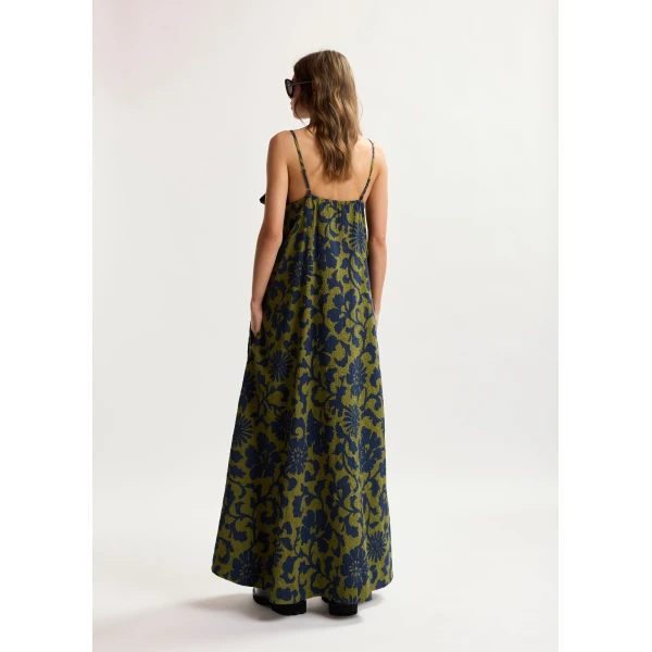 Essentiel Antwerp Green And Dark Blue Floral Print Babydoll Midi Dress With Bow Detail - Essentiel Antwerp Dresses - Colorful Belgian Design - Shop at Luxury Shoes 