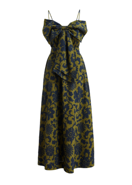 Essentiel Antwerp Green And Dark Blue Floral Print Babydoll Midi Dress With Bow Detail - Essentiel Antwerp Dresses - Colorful Belgian Design - Shop at Luxury Shoes 