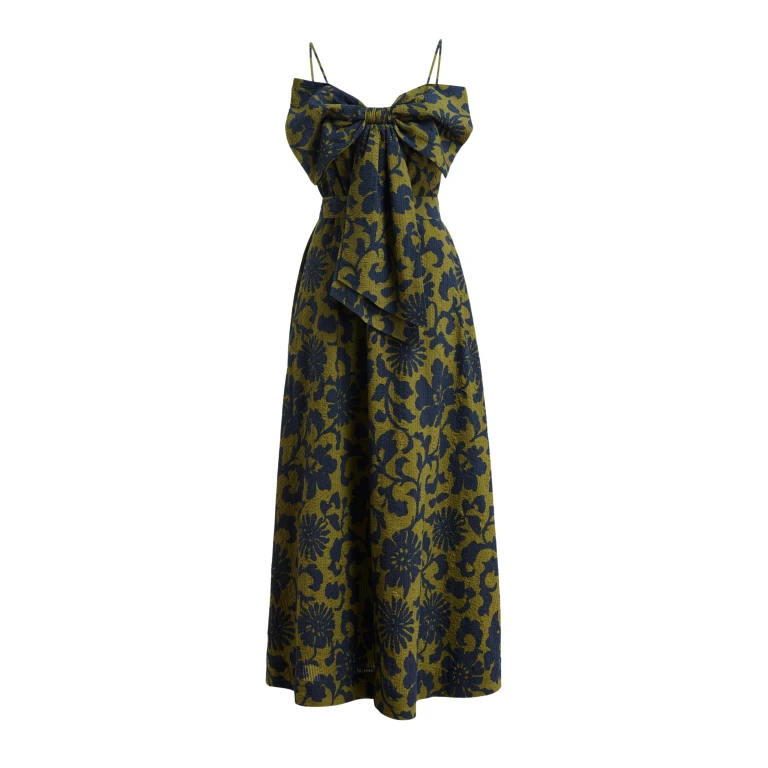 Essentiel Antwerp Green And Dark Blue Floral Print Babydoll Midi Dress With Bow Detail - Essentiel Antwerp Dresses - Colorful Belgian Design - Shop at Luxury Shoes 