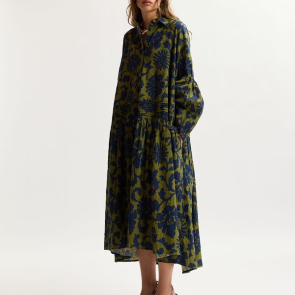 Essentiel Antwerp Green And Dark Blue Floral Print Shirt Dress With Pleated Waist, view 2