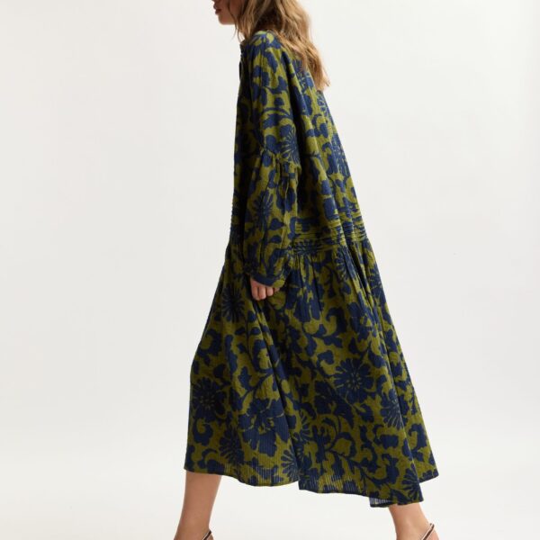Essentiel Antwerp Green And Dark Blue Floral Print Shirt Dress With Pleated Waist, view 3