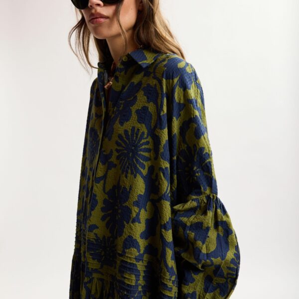 Essentiel Antwerp Green And Dark Blue Floral Print Shirt Dress With Pleated Waist, view 4
