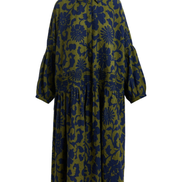 Essentiel Antwerp Green And Dark Blue Floral Print Shirt Dress With Pleated Waist
