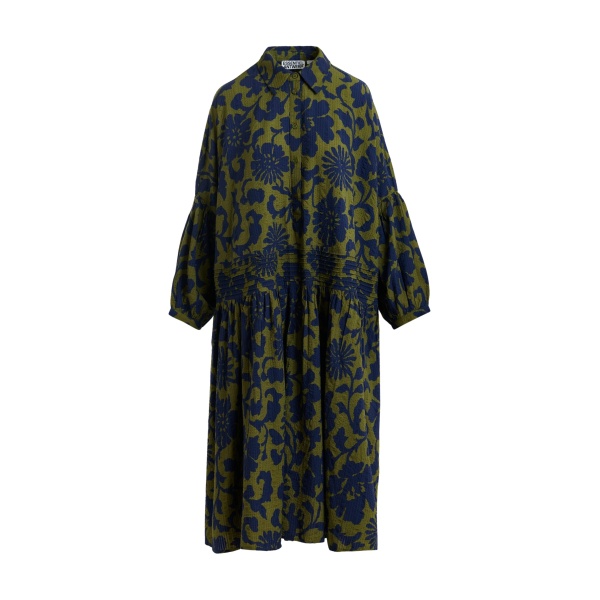 Essentiel Antwerp Green And Dark Blue Floral Print Shirt Dress With Pleated Waist - Essentiel Antwerp Dresses - Colorful Belgian Design - Shop at Luxury Shoes 