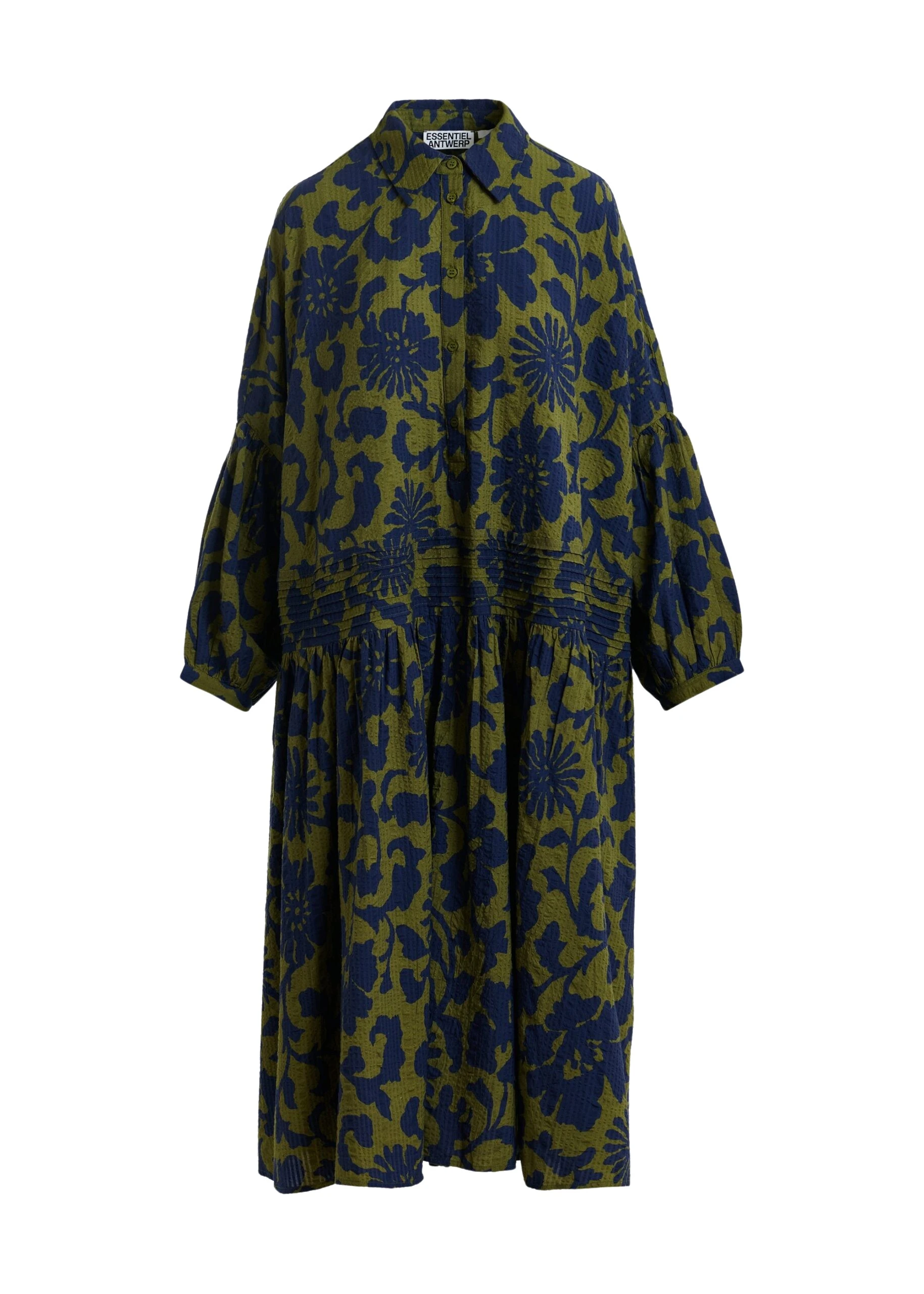 Essentiel Antwerp Green And Dark Blue Floral Print Shirt Dress With Pleated Waist