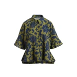 Essentiel Antwerp Green And Dark Blue Peplum Cotton Shirt With Contrasting Collar