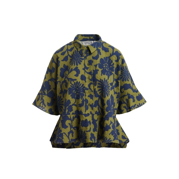 Essentiel Antwerp Green And Dark Blue Peplum Cotton Shirt With Contrasting Collar - Essentiel Antwerp Tops - Colorful Belgian Design - Shop at Luxury Shoes 