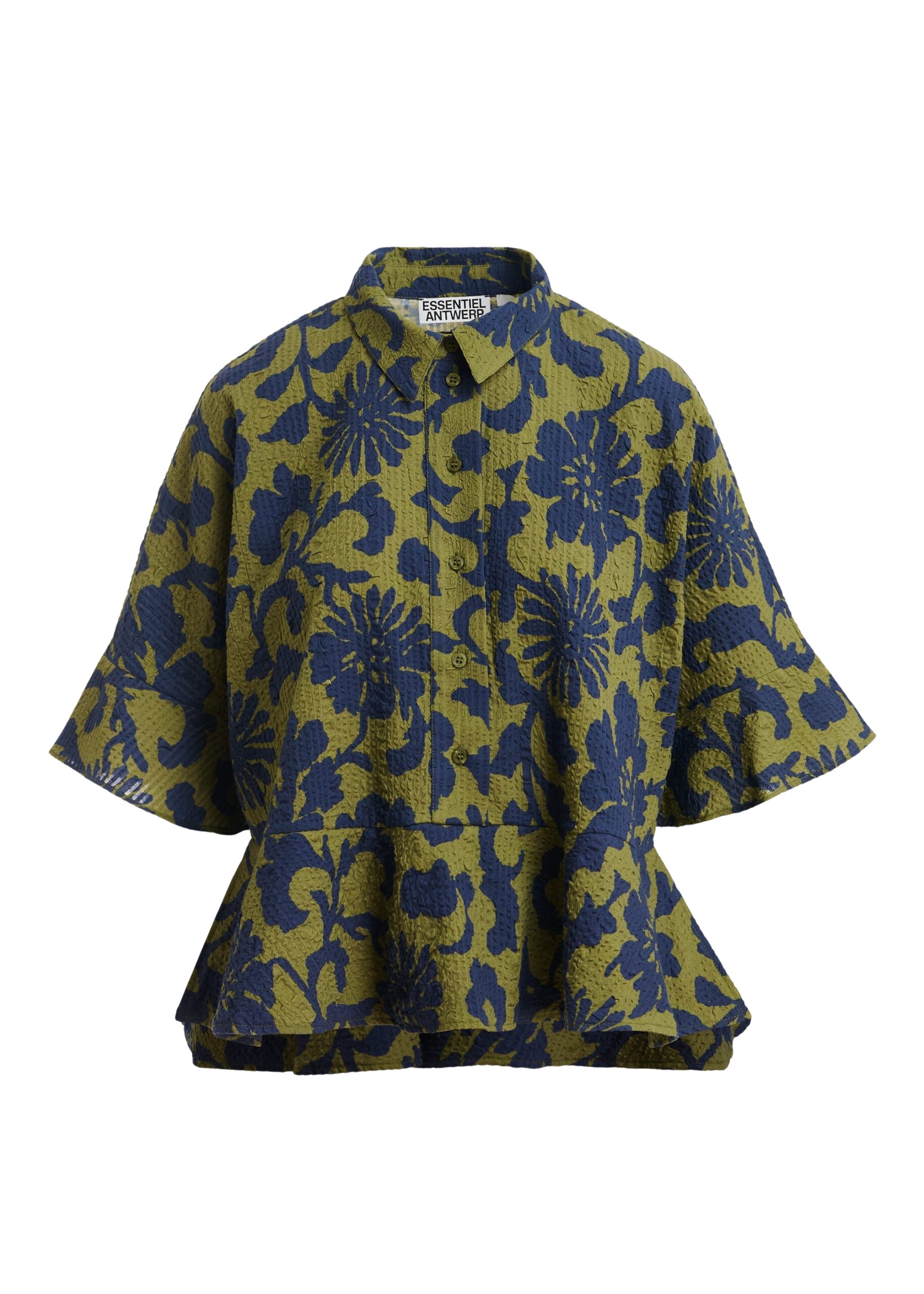 Essentiel-Antwerp-Green-And-Dark-Blue-Peplum-Cotton-Shirt-With-Contrasting-Collar-scaled39973_nobg Essentiel Antwerp Green And Dark Blue Peplum Cotton Shirt With Contrasting Collar - Essentiel Antwerp Tops - Colorful Belgian Design - Shop at Luxury Shoes