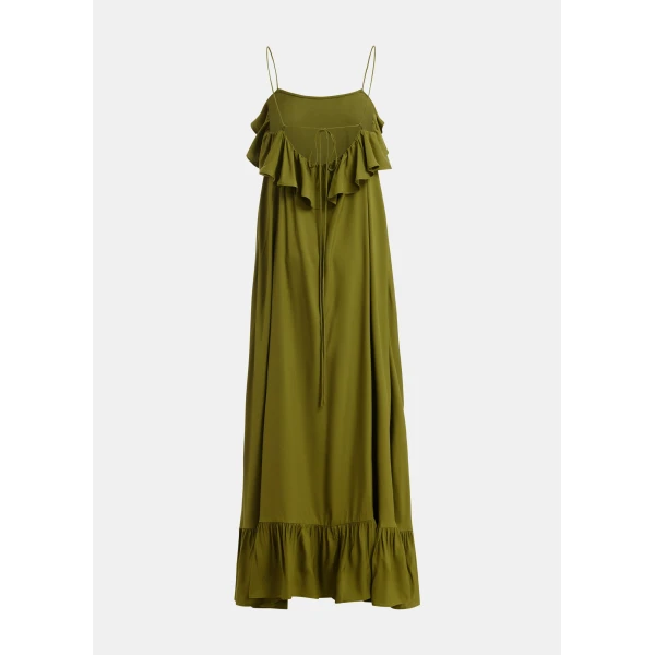 Essentiel Antwerp Green Maxi Dress With Ruffled Neckline And Tie-Back Detail - Essentiel Antwerp Dresses - Colorful Belgian Design - Shop at Luxury Shoes 
