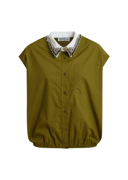 Essentiel Antwerp Green Sleeveless Cotton Shirt With Embellished Collar - Essentiel Antwerp Tops - Colorful Belgian Design - Shop at Luxury Shoes 