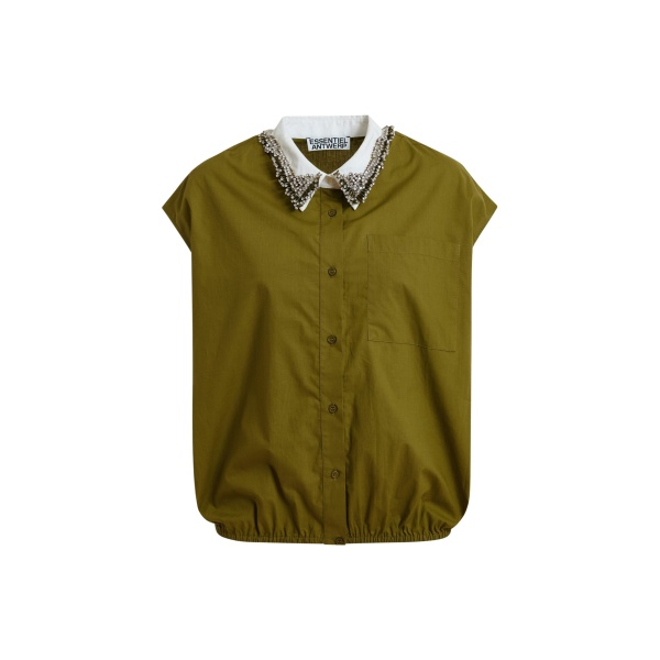 Essentiel Antwerp Green Sleeveless Cotton Shirt With Embellished Collar - Essentiel Antwerp Tops - Colorful Belgian Design - Shop at Luxury Shoes 